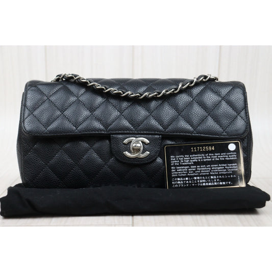 Good ( Rank AB)| CHANEL Caviar Skin Matrasse Single Flap 25 Shoulder Bag Black Made In 2006-2008 Year |V25021909
