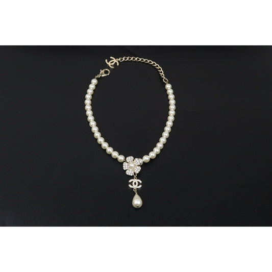 Excellent(Rank SA)| CHANEL Coco Mark Camellia Pearl Rhinestone Necklace|S25071003