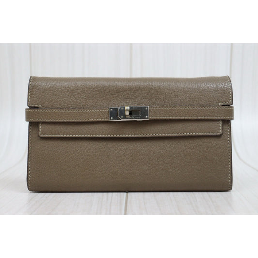 Good ( Rank AB)| HERMES Goatskin Kelly Long Wallet Etoupe □O Stamp Made In 2011Year|W26020601