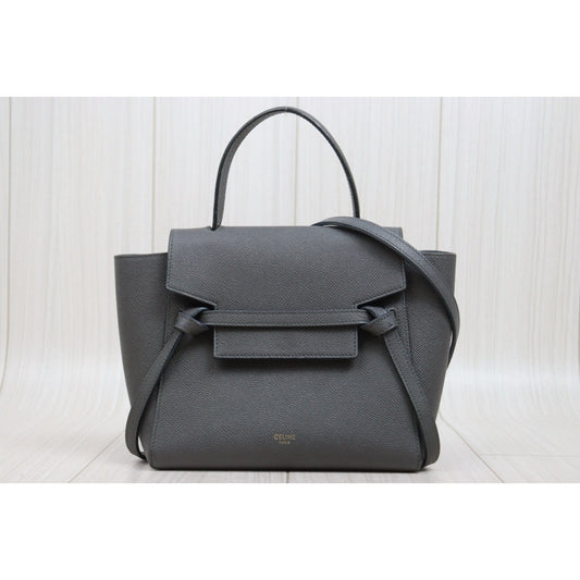 Good ( Rank AB)|CELINE Calf Leather Belt Nano Handbag Shoulder Bag Etoupe Grey|S26030904