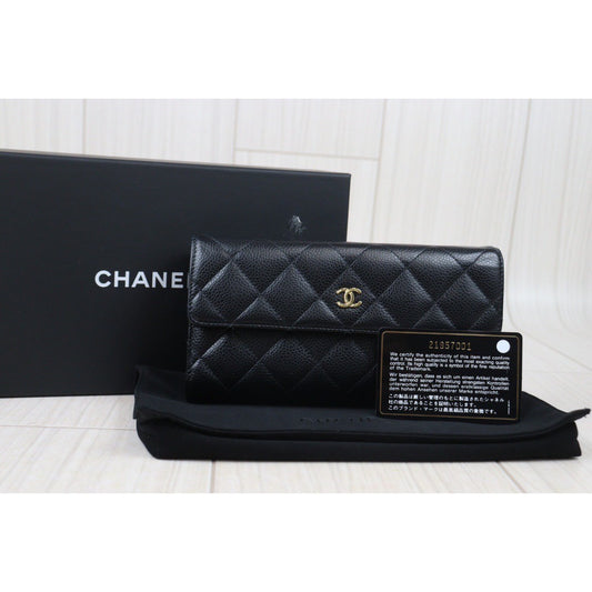 Rank AB |CHANEL Caviar Skin Black Long Wallet Made In 2015-2016 Year|V24071807