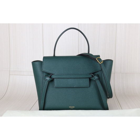 Excellent(Rank SA)|CELINE Leather Calf Belt Nano Handbag Shoulder Bag Dark Green|X25082407