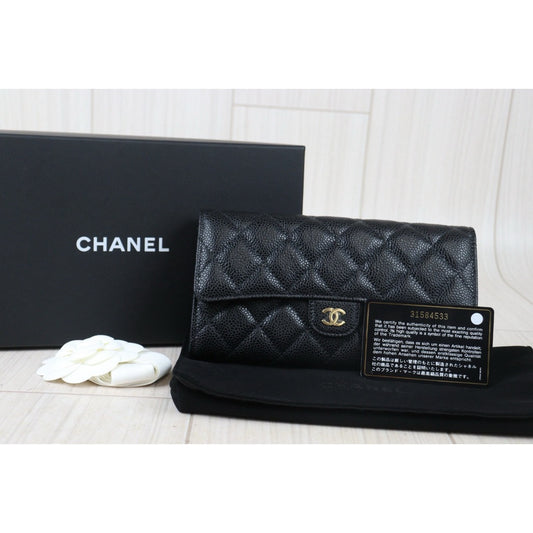 Rank A |CHANEL Caviar Skin Black Long Wallet Made In 2021-2022Year|24082209