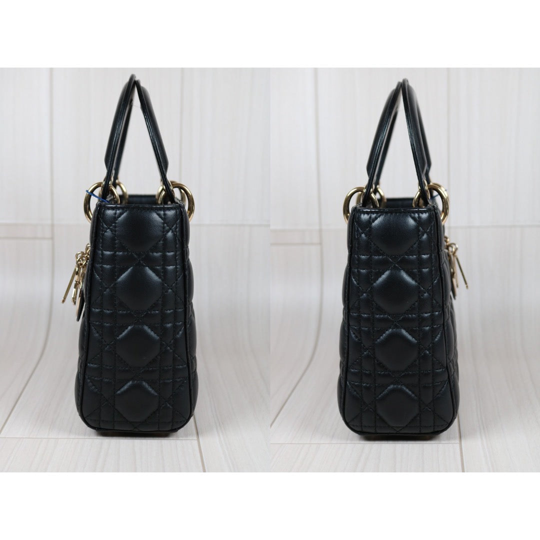 Rank A ｜  Dior Lady Dior Lamb Skin 2WAY Shoulder Bag Handbag Black  ｜S24042904
