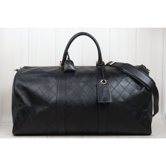 Good ( Rank AB)| CHANEL Calf Leather Vintage Boston Travel Bag 60 with Shoulderstrap Black Made In 1989- 1991Year|S25110407