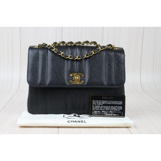 Very Good ( Rank A)|CHANEL Caviar Skin Mademoiselle 23 Single Flap Chain Shoulder Bag Black Made In 1994-1996Year|P24073003
