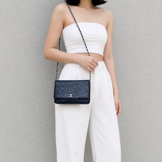Include Entrupy Certificate of Authenticity|Good ( Rank AB)|CHANEL Lamb Skin Camellia WOC Chain Bag Black Made In 2012 Year|S26090730
