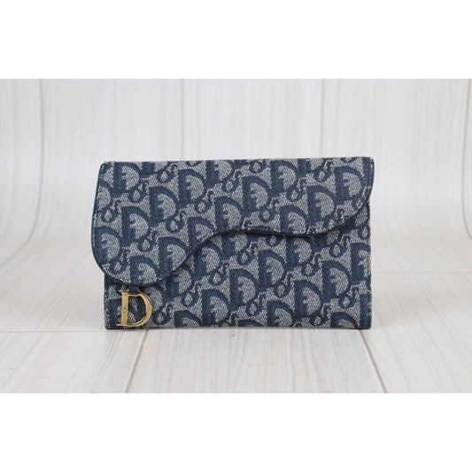 Rank A | Dior Trotter Saddle Tri-fold Long Wallet Jacquard Leather Navy|23080913