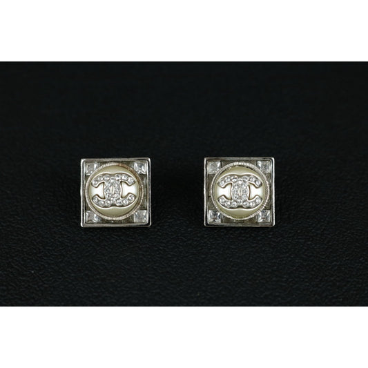 Very Good ( Rank A) | CHANEL Coco Mark Square Rhinestone Earrings Silver|F25032503