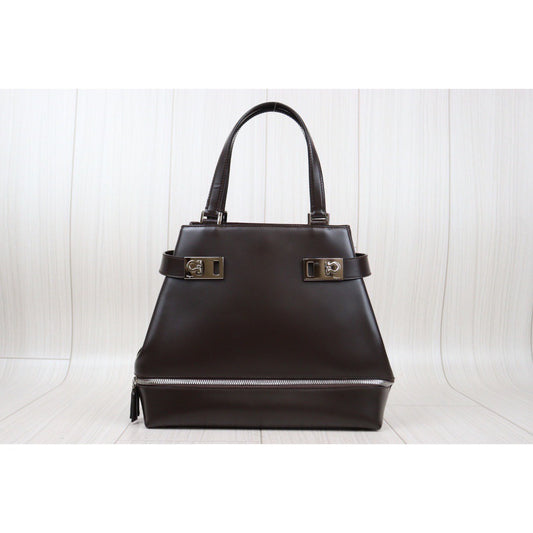 Good ( Rank AB) |Ferragamo Calf Leather Handbag Bag Brown|Q24030143