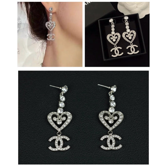 Excellent(Rank SA)| CHANEL Coco Mark Love Rhinestone Earrings Silver|X25030107
