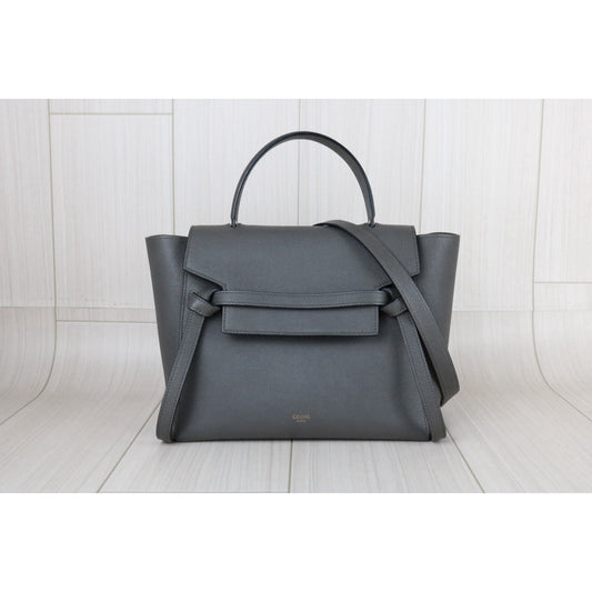 Very Good ( Rank A)|CELINE Leather Calf Belt Micro Handbag Shoulder Bag Gray|S25051304