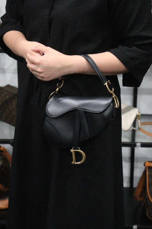 Rank A |Dior Smooth Calfskin Mini Saddle Bag Black |23080307