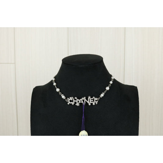 Excellent(Rank SA)| CHANEL Coco Mark Chain Pearl Rhinestone Chocker Necklace Silver|F25032507