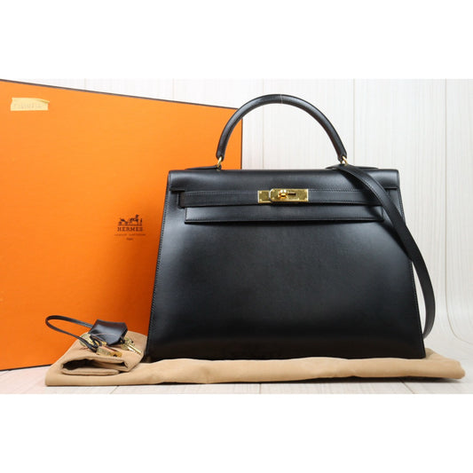 Good ( Rank AB)| HERMES Kelly 32 Sellier Box Leather Black Gold Hardware ○A Stamp Made in 1971 Year|P25012212