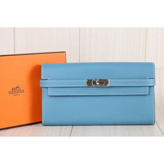 Excellent(Rank SA)| HERMES Epson Kelly Long Wallet Blue Jean □O Stamp Made In 2011Year|X25121403