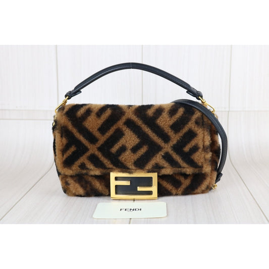 Very Good ( Rank A)| FENDI Zucca Mamma Baguette Sheep Skin Brown Shoulder Bag PM|S25111302