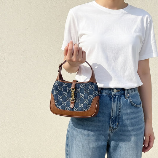 Include Entrupy Certificate of Authenticity|Very Good ( Rank A) | GUCCI Tan Monogram Denim Mini Jackie 1961 Handbag With Shoulder Strap|S26040807