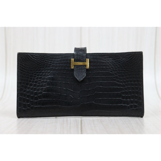 Good ( Rank AB)| HERMES Bearn Black Crocodile skin Long Wallet 〇V Stamp Made In 1992Year|25112604