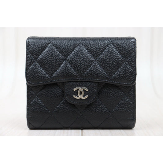 Good ( Rank AB)|CHANEL Caviar Skin Leather Calf Leather Wallet Black Made In 2018 Year|S25021020