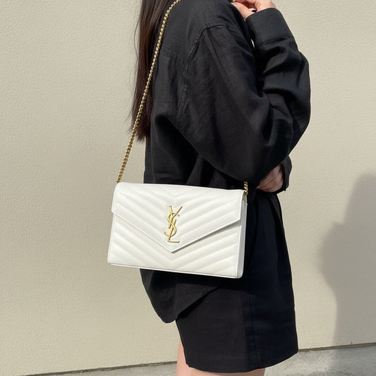 Include Entrupy Certificate of Authenticity|Very Good ( Rank A)| Saint Laurent YSL Caviar Skin Shoulder Bag White MM|X26041417