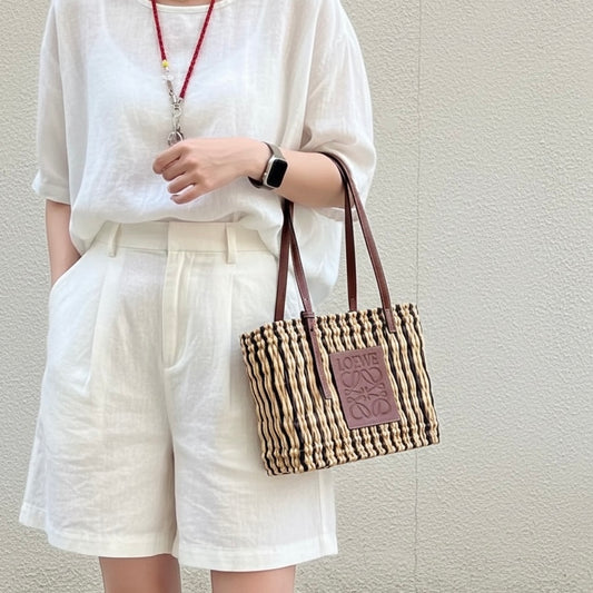 Include Entrupy Certificate of Authenticity|Good ( Rank AB)| LOEWE Straw Basket Handbag Shoulder Bag |S26060117