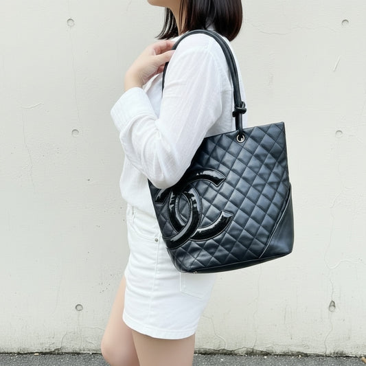 Include Entrupy Certificate of Authenticity|Good ( Rank AB)| CHANEL Cambon Line Calf Leather So Black ToteBag Made In 2009-2010Year|Y26051523