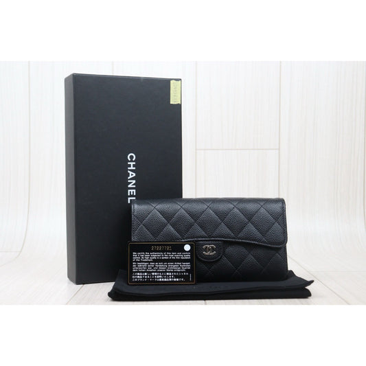 Good ( Rank AB)|CHANEL Caviar Skin Black Long Wallet Made In 2019 Year|V24112606