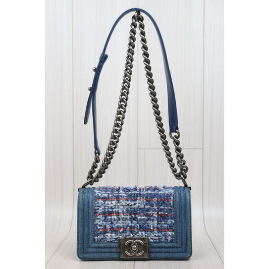 Good ( Rank AB) |CHANEL Denim Blue Tweed Weave Leboy20 Made in 2014Year|Y25112504