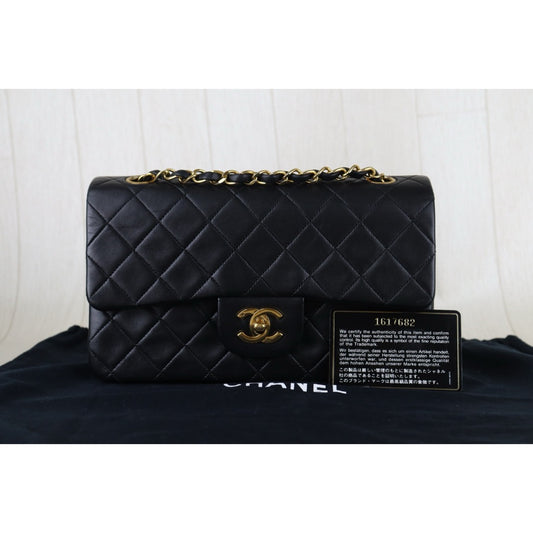 Good ( Rank AB)|CHANEL Lamb Skin Matrasse Chain Double Flap 23 Shoulder Bag Black Made In 1989-1991Year|H26013001