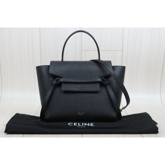 Very Good ( Rank A)|CELINE Calf Leather Belt Nano Handbag Shoulder Bag Black|25103108