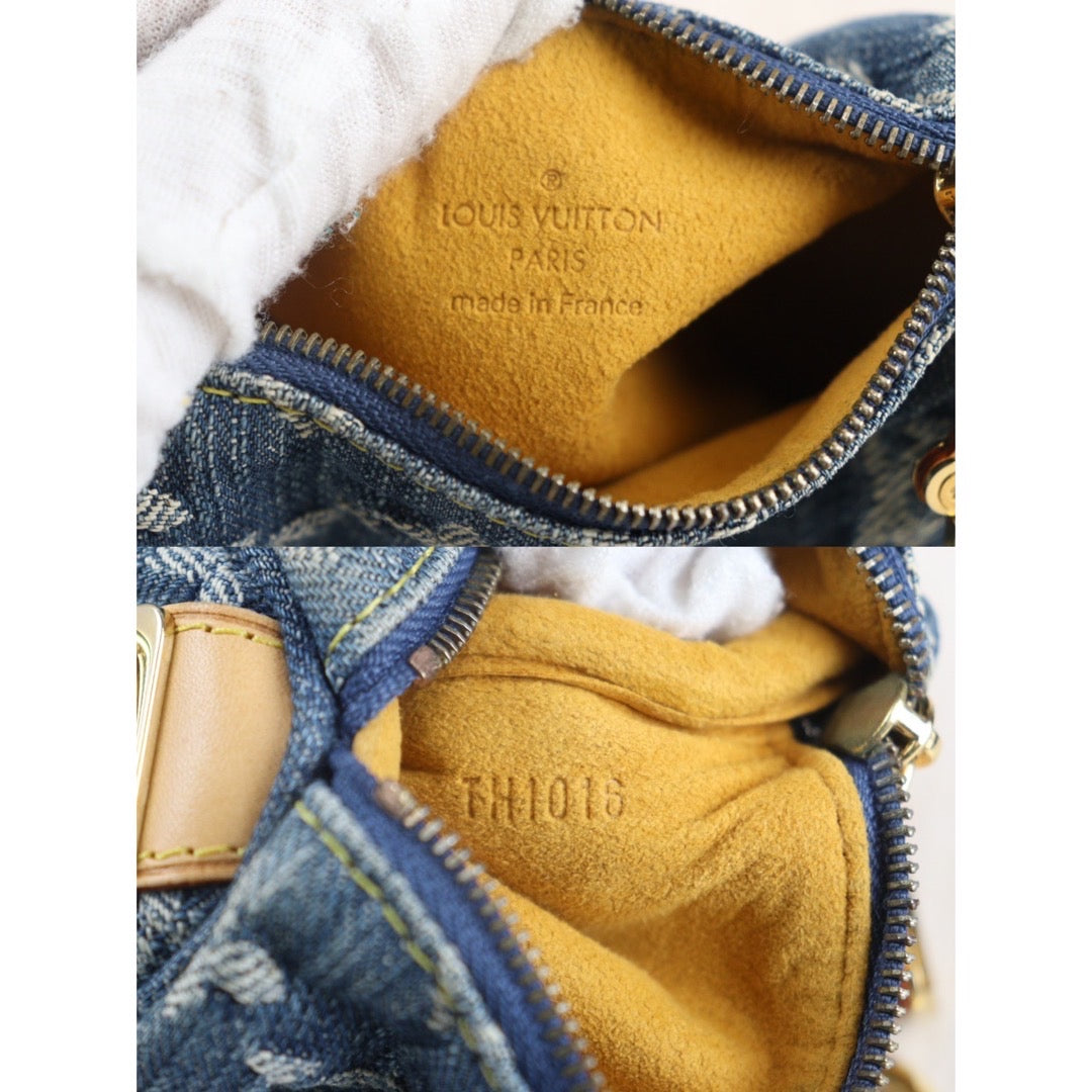 Rank A | LV Monogram Denim Truth Speedy PM Mini Pouch Glove Case Accessory Pouch Blue|V23090735