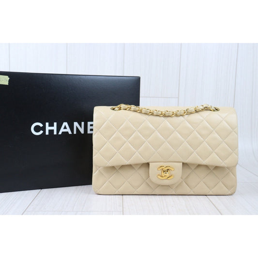 Good ( Rank AB)| CHANEL Lamb Skin Beige Double Flap 25 Shoulder Bag Made in 1996-1997 Year |P24083012