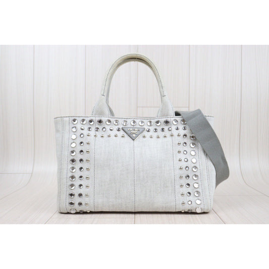 Rank AB | PRADA Canvas Handbag Shoulder Bag White|Q24030511
