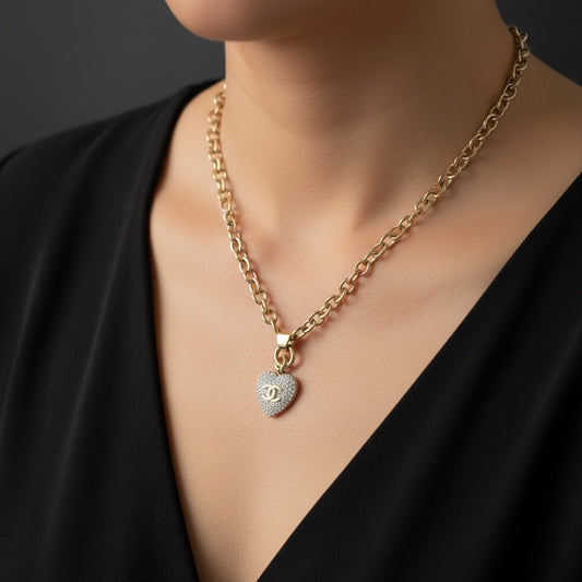 Include Authentic Detective Certificate of Authenticity|Very Good ( Rank A) |CHANEL COCO Mark B21V Rhinestone Heart Necklace Made In 2021Year|S26031003