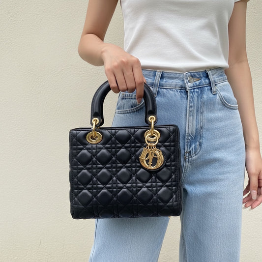 Include Entrupy Certificate of Authenticity|Good ( Rank AB)| Dior Lady Dior Lamb Skin 2WAY Handbag Shoulder Bag Black |S26022601