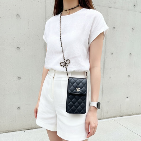 Include Entrupy Certificate of Authenticity|Excellent(Rank SA)|Full Set CHANEL 23S Caviar Skin Bow Matrasse Chain Phone Holder Black IC Chips Model |S26051507