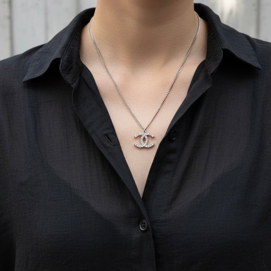 Include Authentic Detective Certificate of Authenticity|Very Good ( Rank A) | CHANEL A14K Coco Mark Rhinestone Necklace|S26062102