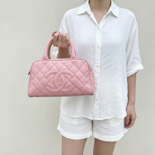 Include Entrupy Certificate of Authenticity|Very Good ( Rank A)| CHANEL Caviar Skin Calf Leather Bowling Hand Bag Pink Made In 2004~2005Year|26052106