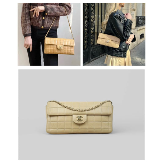 Good ( Rank AB)| CHANEL Lambskin Shoulder Bag Beige Made In 2002~2003 Year|24101906