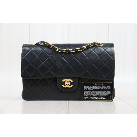 Very Good ( Rank A)| CHANEL Lamb Skin Matrasse Chain Double Flap 25 Shoulder Bag Black Made In 1989-1991Year|26012802
