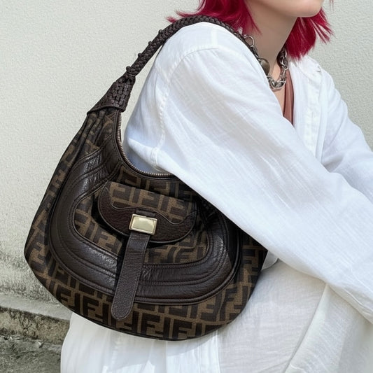 Include Entrupy Certificate of Authenticity|Good ( Rank AB)| FENDI Zucca Mamma Weave Shoulder Bag |S26042204