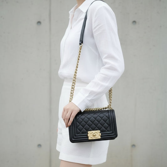 Include Entrupy Certificate of Authenticity|Excellent(Rank SA)|Full Set CHANEL Caviar Skin LeBoy Chain Shoulder Bag Small Black IC Chips Model |S26041403