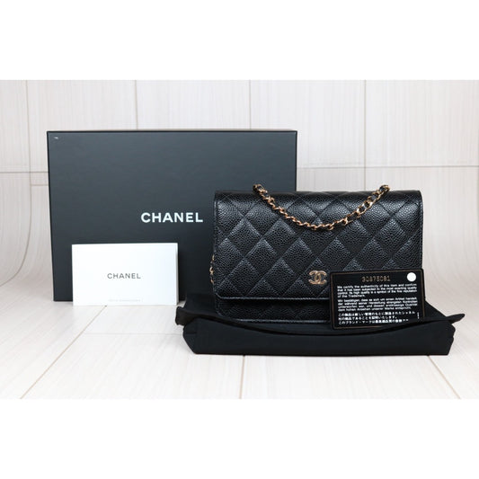 Rank SA| CHANEL Matelasse Caviar Skin Chain Wallet Black Gold Hardware Made in 2020-2021 Year |S24061101