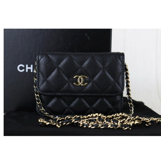 Very Good ( Rank A)| CHANEL Matelasse Caviar Skin Mini Chain Shoulder Bag Black Gold Hardware Made in 2021-2022Year |H24112101