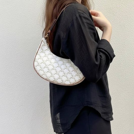 Include Entrupy Certificate of Authenticity|Very Good ( Rank A)| CELINE AVA Macadam Triomphe Shoulder Bag White|S26060118