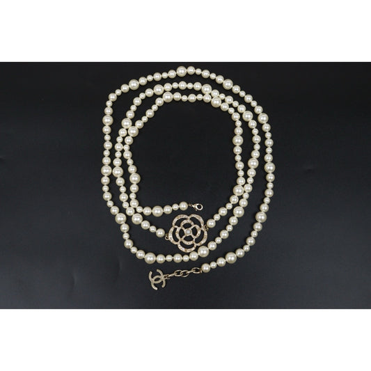 Very Good ( Rank A)| CHANEL Coco Mark Camellia Pearl Rhinestone Necklace|S25110439