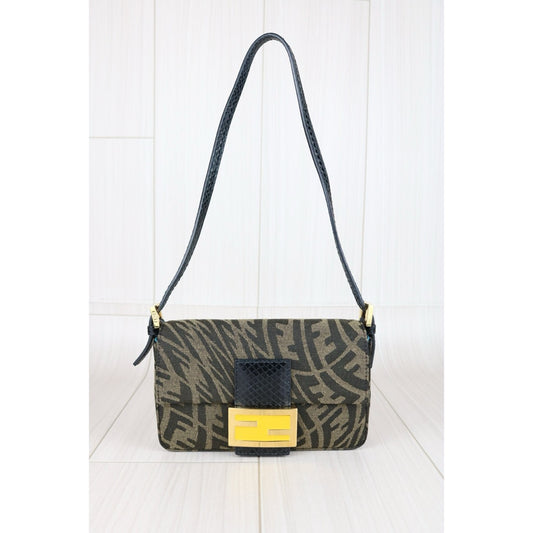 Include Entrupy Certificate of Authenticity|Good ( Rank AB)| FENDI Zucca Mamma Baguette Snakeskin Shoulder Bag |X25032305