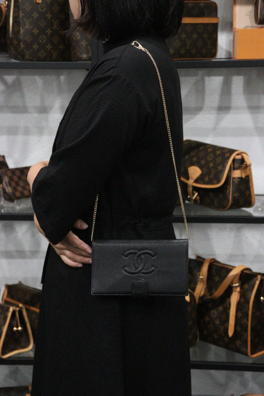 Rank A |Chanel Caviar Skin Black Long Wallet Black Made In 2000 Year|23092619