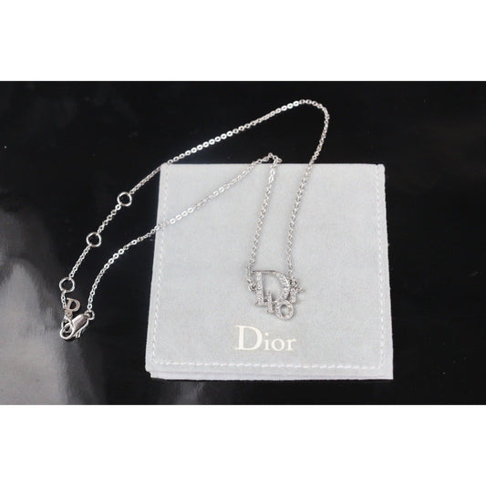 Rank A | Dior Dior Logo Necklace Rhinestone Silver Plated |V23082617